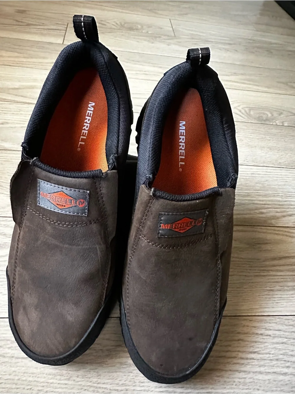 Merrell Brown and Black Slip-On Loafers with Orange Insole